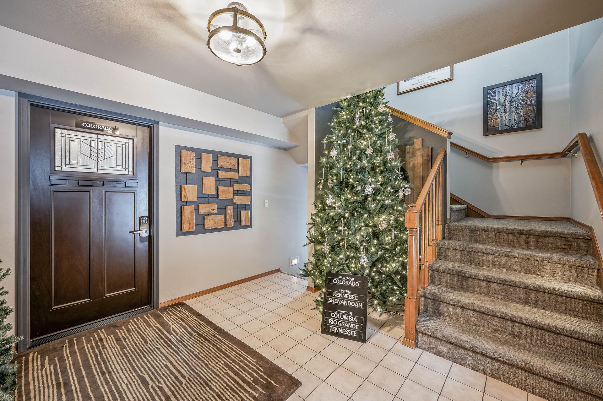 Entryway with a dark brown door, Christmas tree, and staircase leading up.