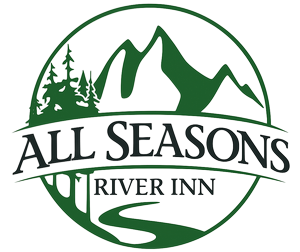 Logo for All Seasons River Inn: Green circle with mountain, trees, and river, 