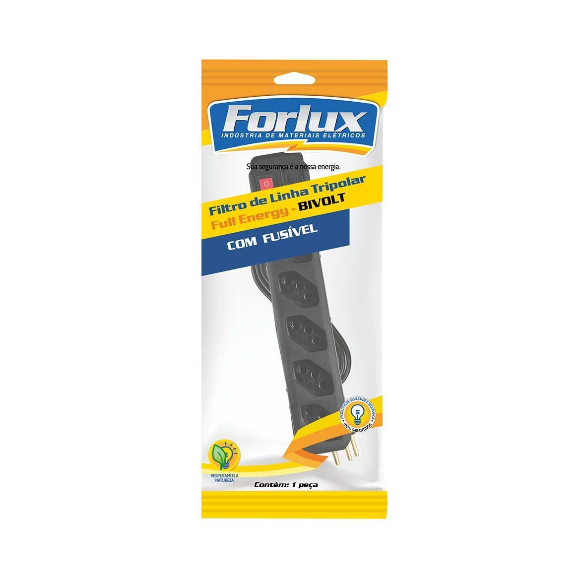 Um filtro de linha Forlux está em uma embalagem com fundo branco.
