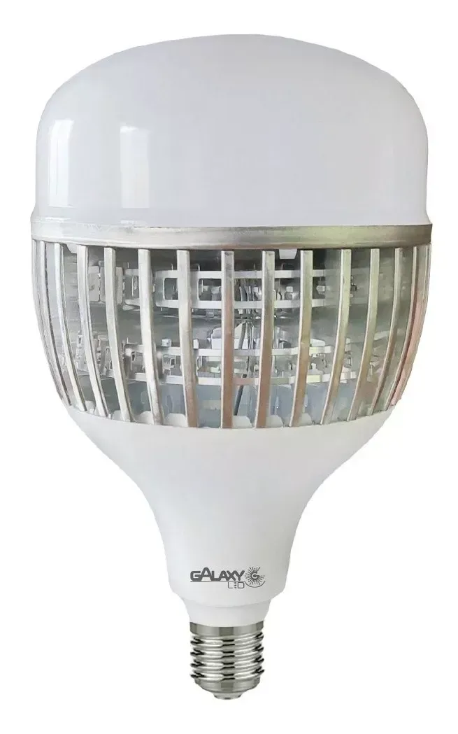 Uma lâmpada LED de galáxia está ao lado de uma caixa.