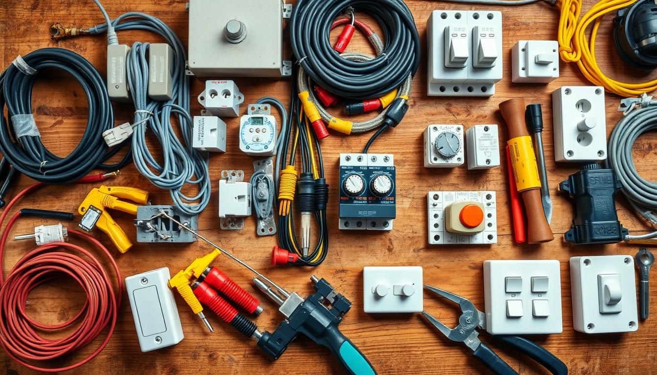 Há muitos tipos diferentes de equipamentos elétricos na mesa.