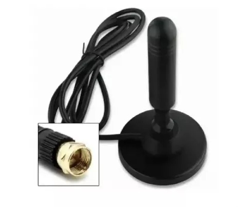 Uma antena preta com um fio preso a ela.