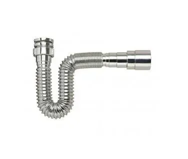 Uma mangueira cromada com um dreno em um fundo branco.