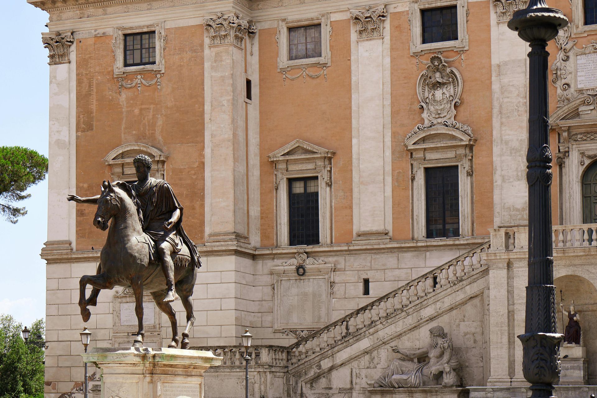 The Equestrian Statue of Marcus Aurelius at Capitoline Hill, with the Palazzo Senatorio in the background