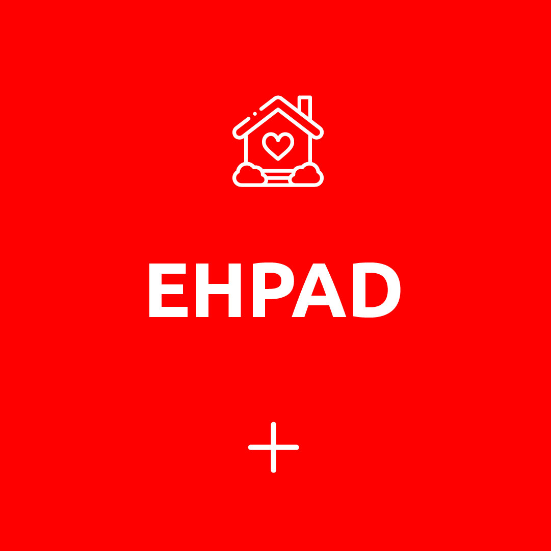 Un fond rouge avec le mot ehrpad et une icône d'une maison avec un cœur dessus.
