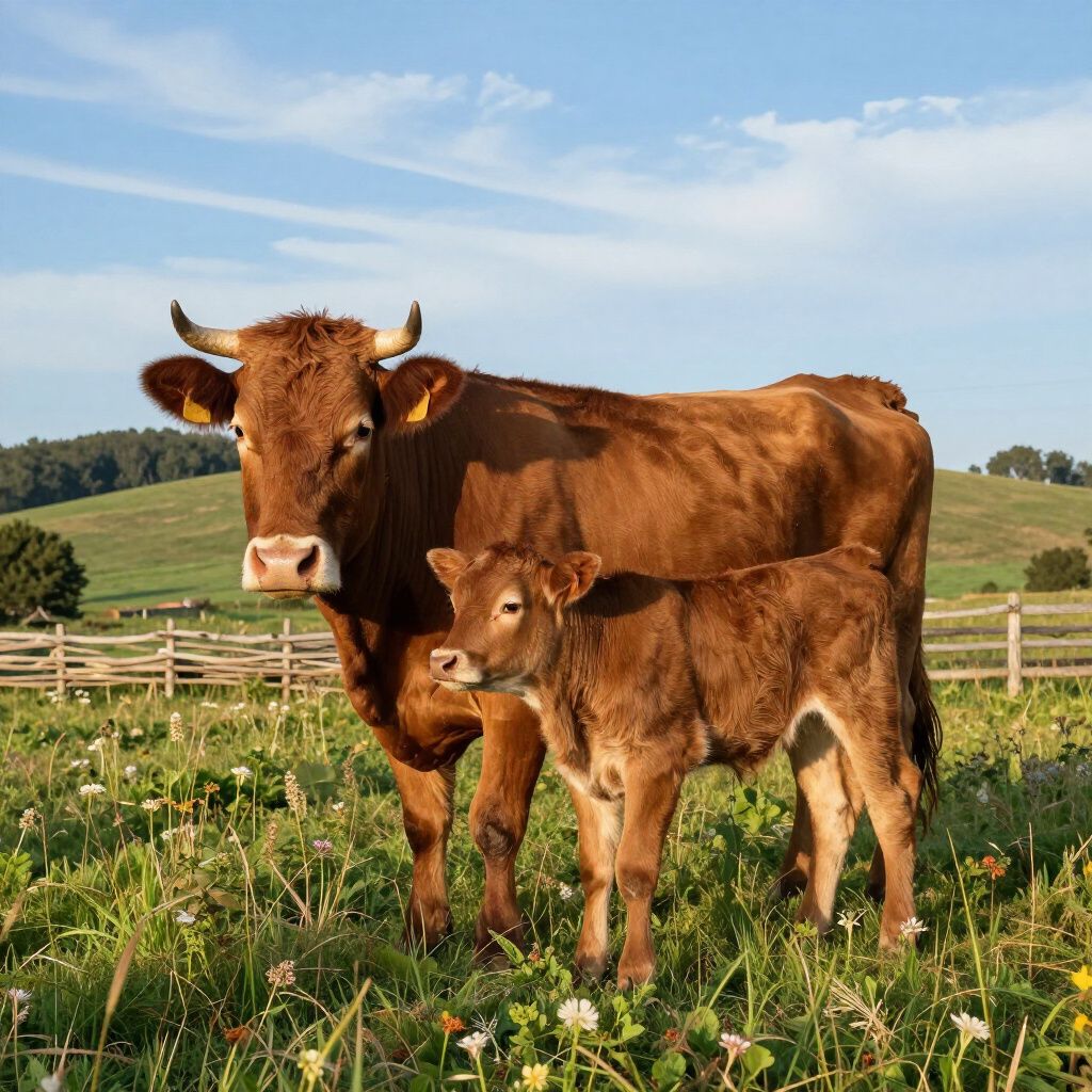 Brown cow and calf stand in a grassy field with a fence and a blue sky in the background.