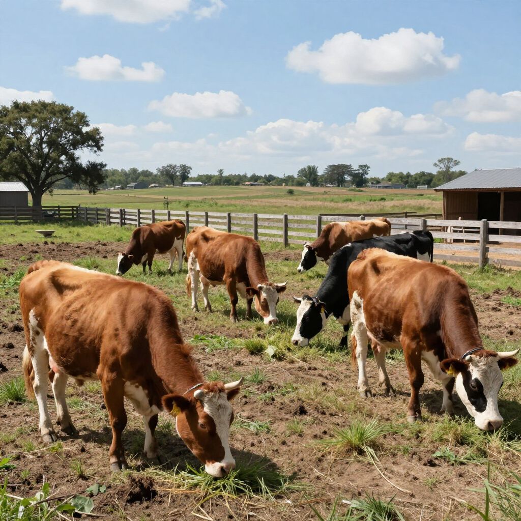 Cows grazing in a grassy field on a sunny day. Brown and black cows near a wooden fence and buildings.