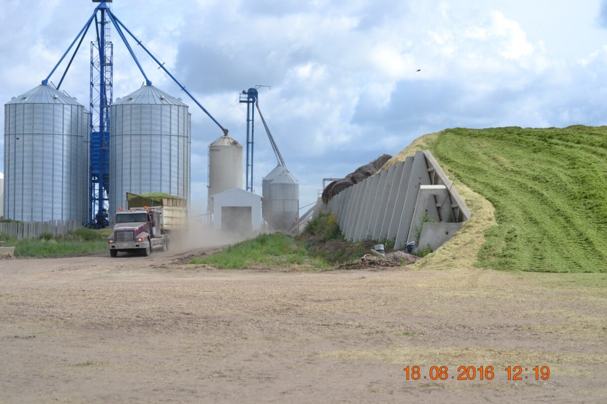 Truck unloading grain near silos and a silage pile on a cloudy day.