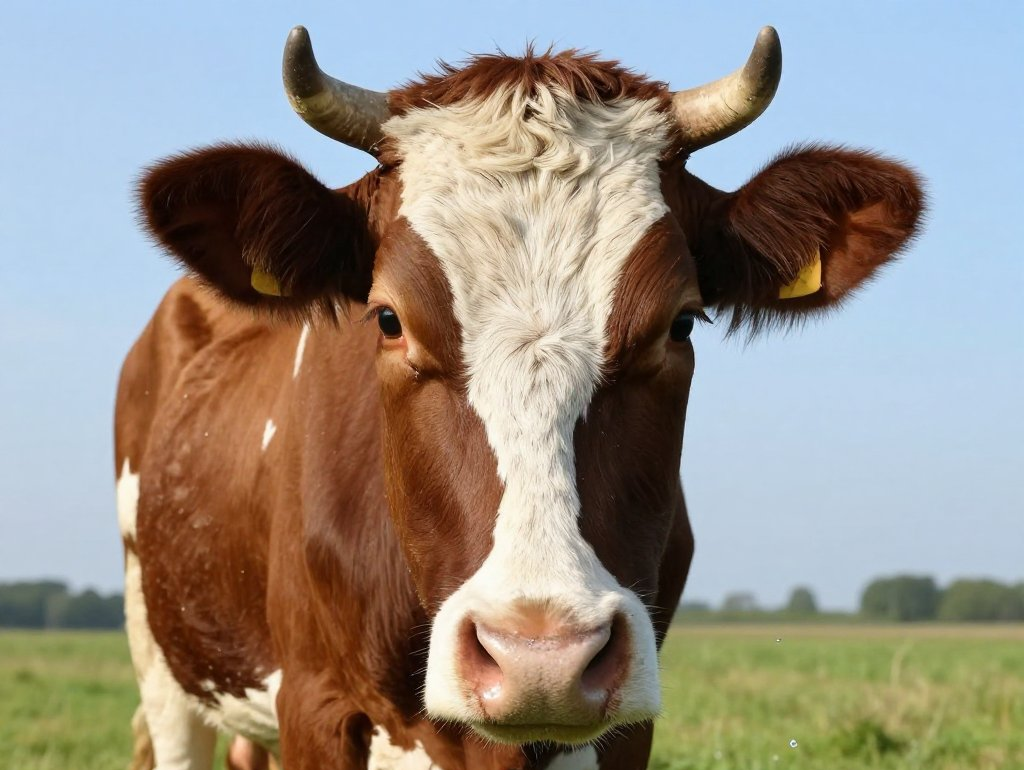 Brown and white cow in a field, looking directly at the camera.