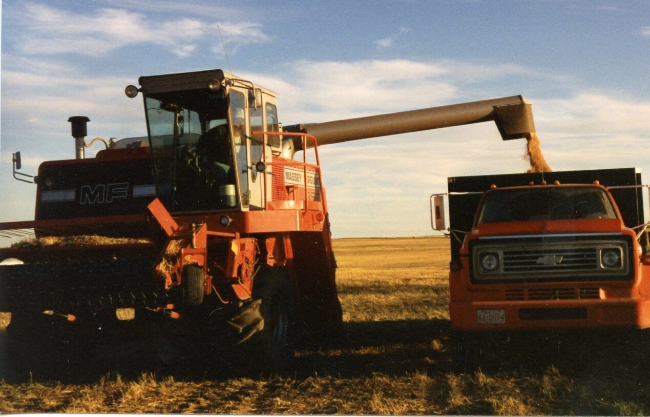 Combine harvester, orange truck in field, grain being unloaded. Blue sky, sunlight.