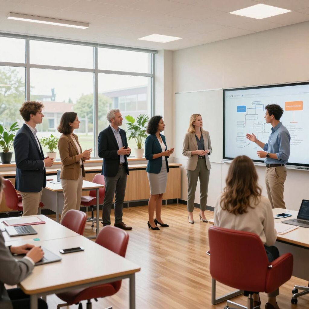 Een presentatie in een klaslokaal. Een man geeft een presentatie via een scherm aan een groep mensen.