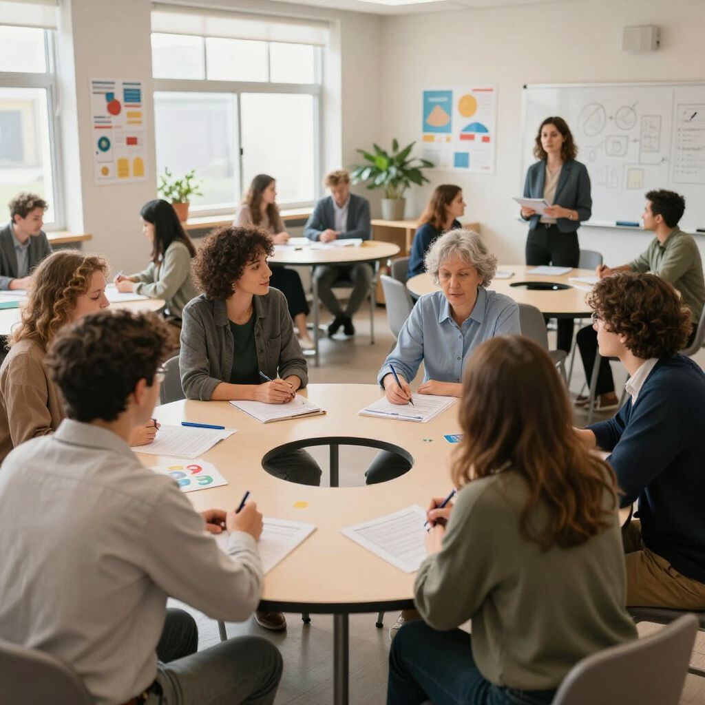 In een klaslokaal zitten mensen aan ronde tafels en luisteren naar een presentatie. Een whiteboard en posters zijn zichtbaar.