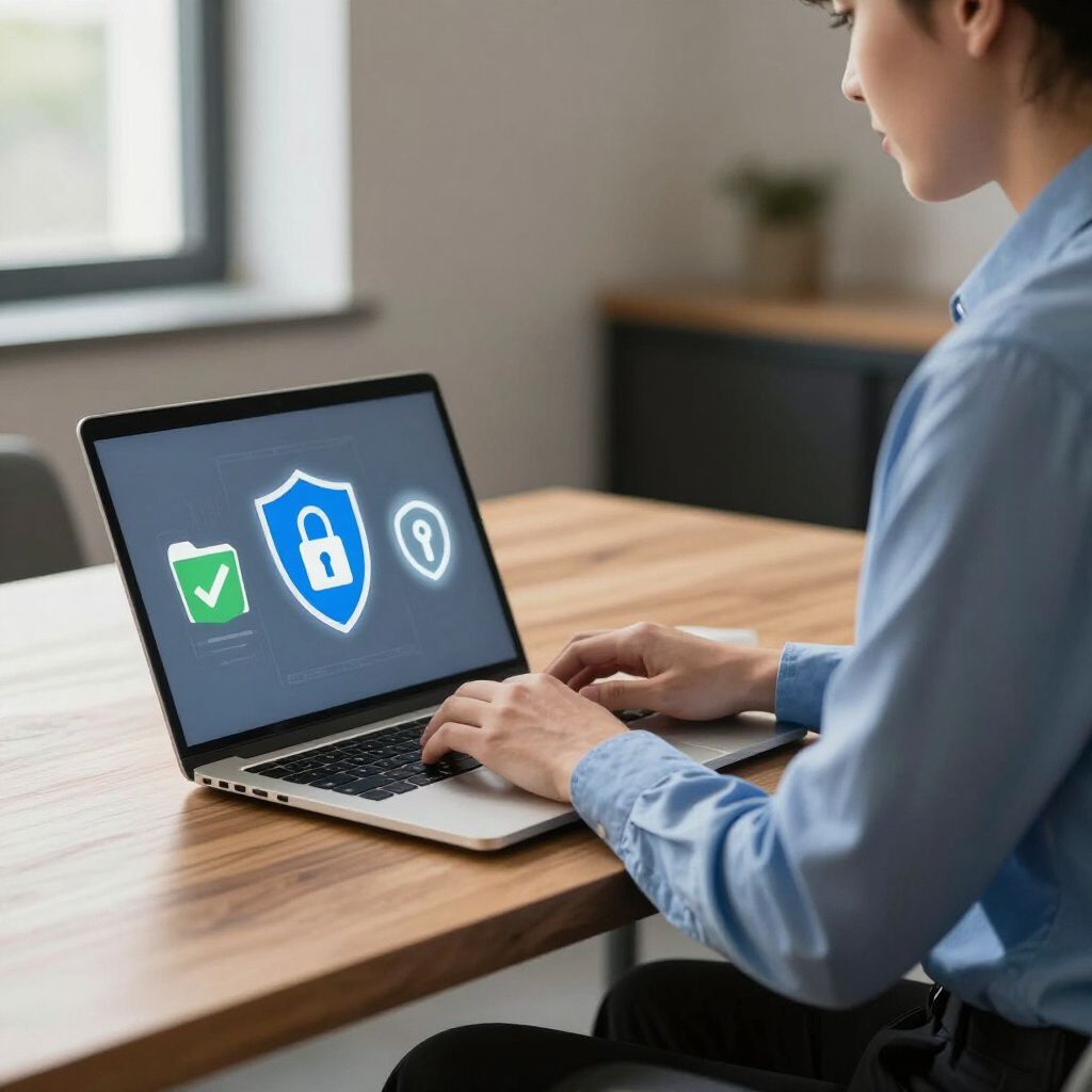 Vrouw typt op een laptop met een beveiligingsschildje, waarschijnlijk bezig met gegevensbescherming.