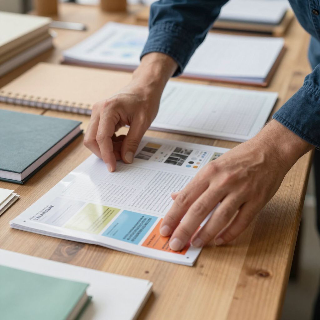 De handen van een persoon onderzoeken een document met gekleurde blokken, omringd door andere papieren en notitieboekjes op een houten tafel.