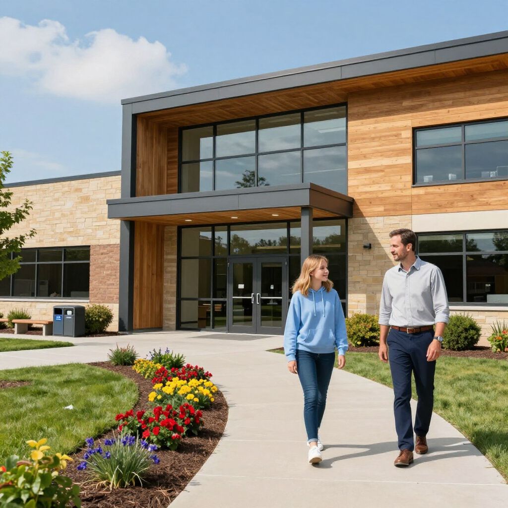 Twee mensen lopen over een pad richting de ingang van een modern gebouw, op een zonnige dag.