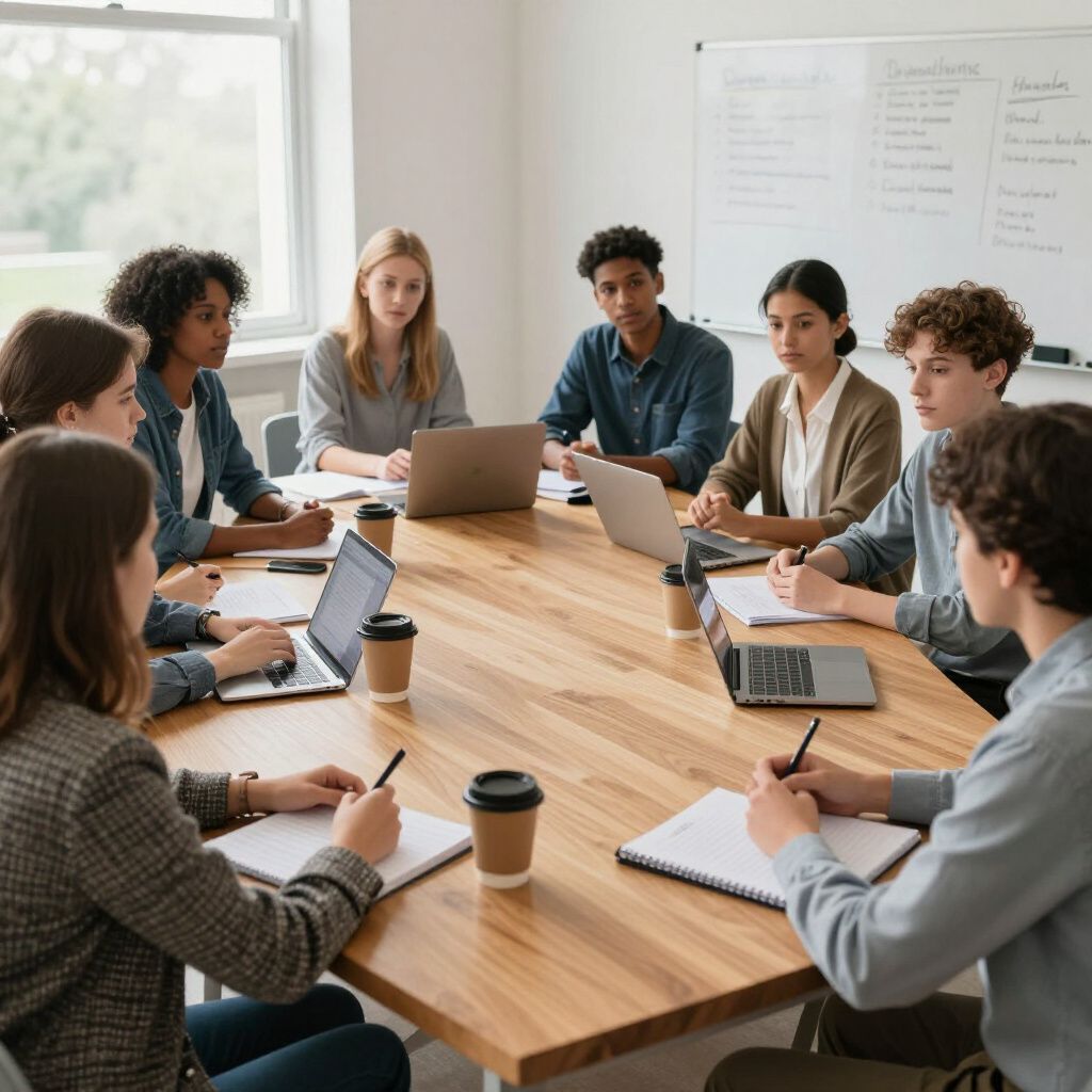 Een groep mensen zit rond een houten tafel met laptops, notitieboekjes en koffiekopjes. Ze lijken in een vergadering te zijn.