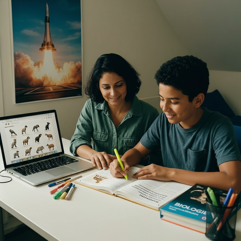 Een vrouw en een jongen studeren samen aan een bureau met een laptop, boeken en kleurrijke stiften.