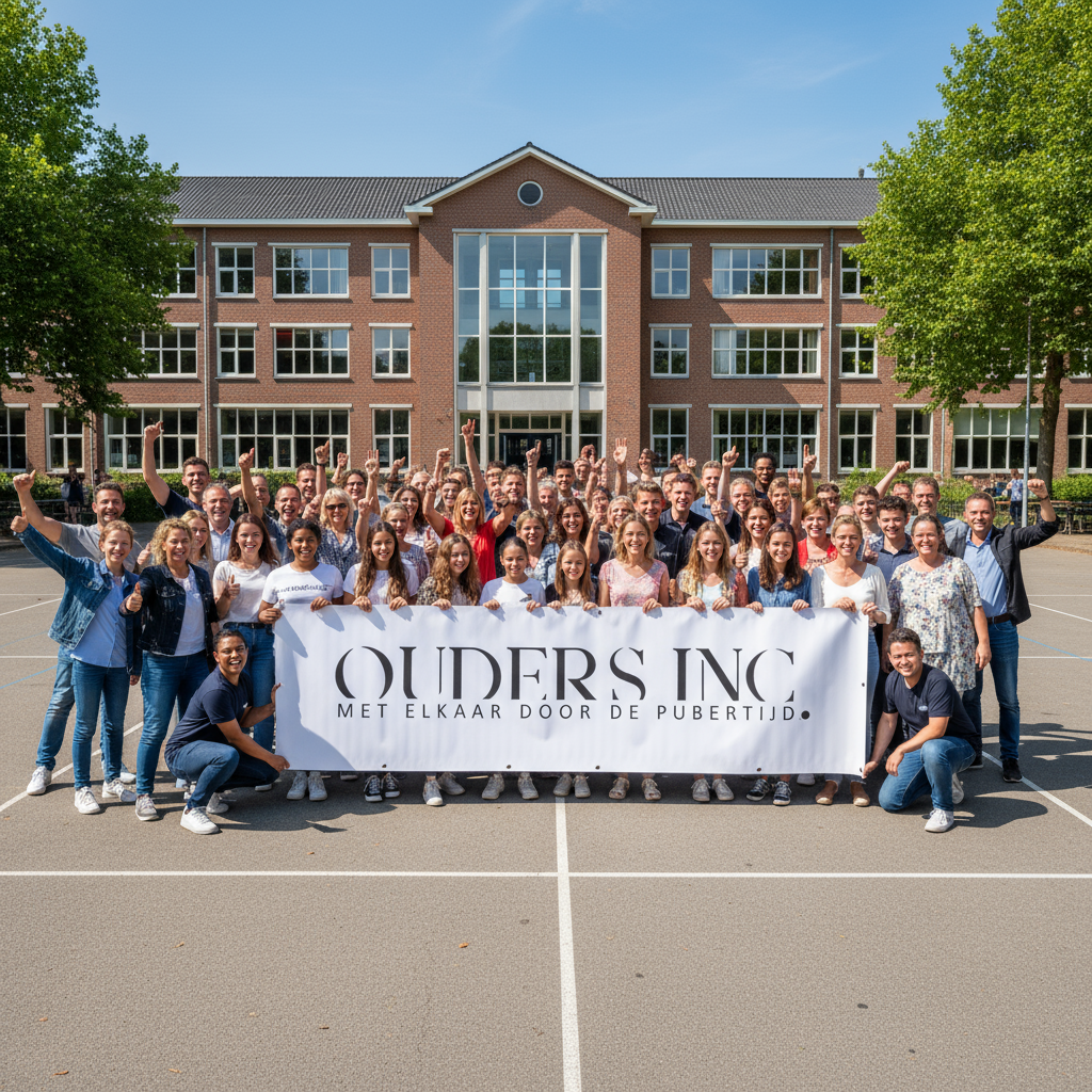 Een groep mensen houdt een spandoek vast met de tekst 