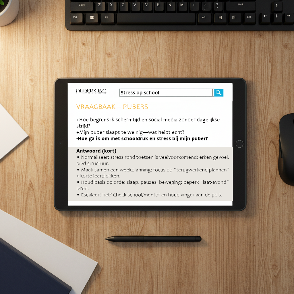 Op een houten bureau staat een tablet waarop een webpagina wordt weergegeven. Ook aanwezig zijn een toetsenbord, muis, pen en papier.