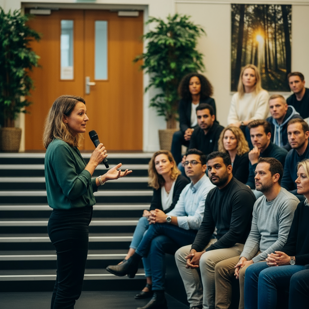 Vrouw spreekt in een microfoon tot publiek dat op een trap zit.