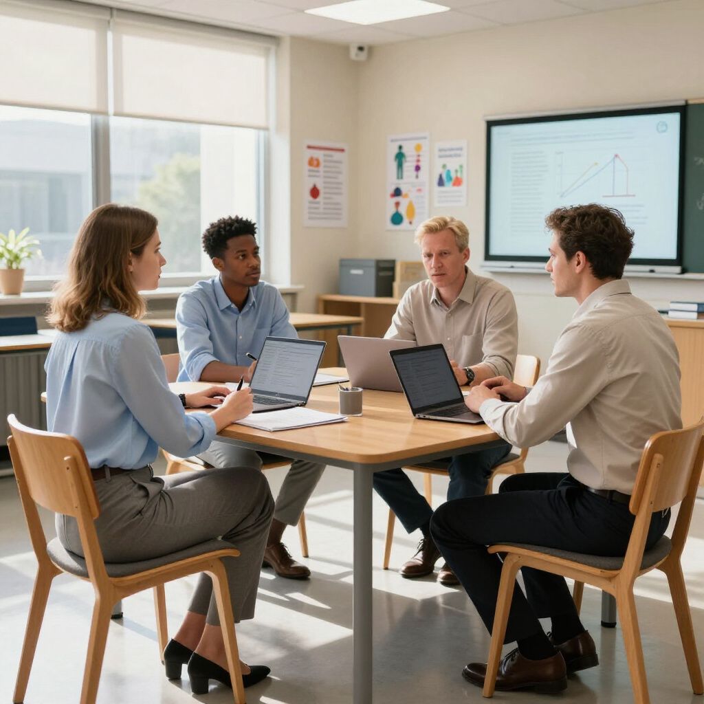 Vier mensen zitten in een klaslokaal rond een tafel met laptops en voeren een discussie.