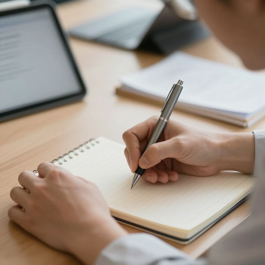 Een persoon schrijft met een pen in een spiraalblok aan een houten bureau; een tablet en papieren zijn ook zichtbaar.