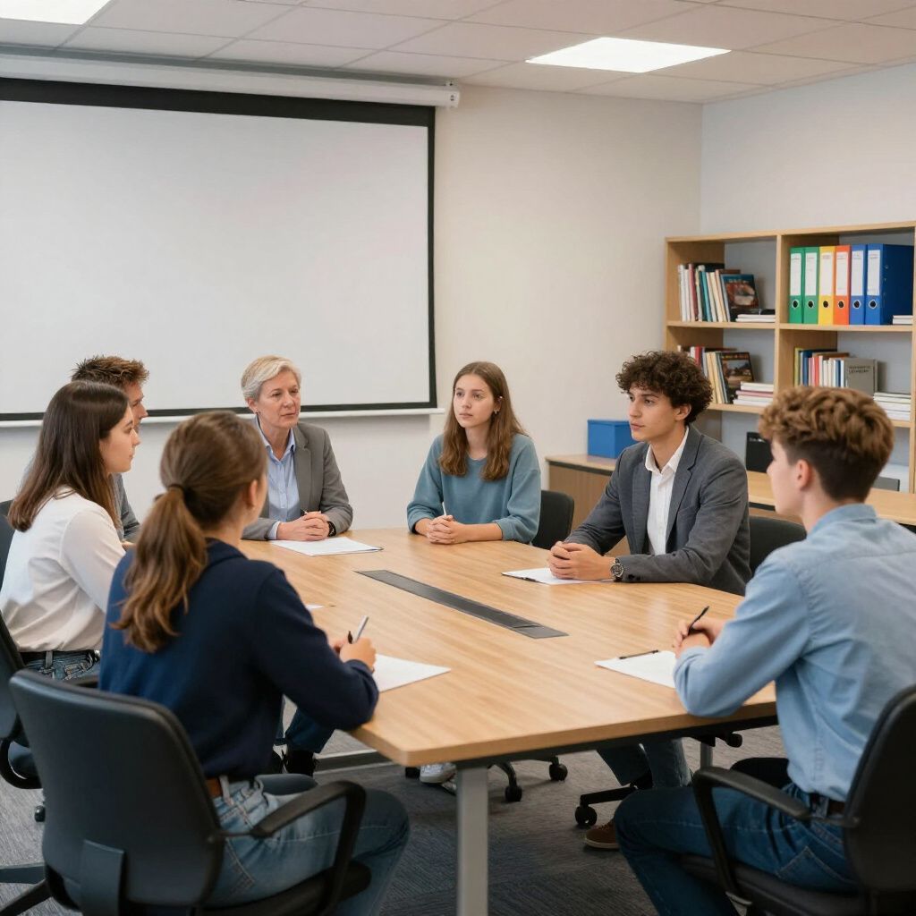 Mensen zitten rond een tafel in een vergaderruimte en maken aantekeningen. Een projectiescherm is zichtbaar.