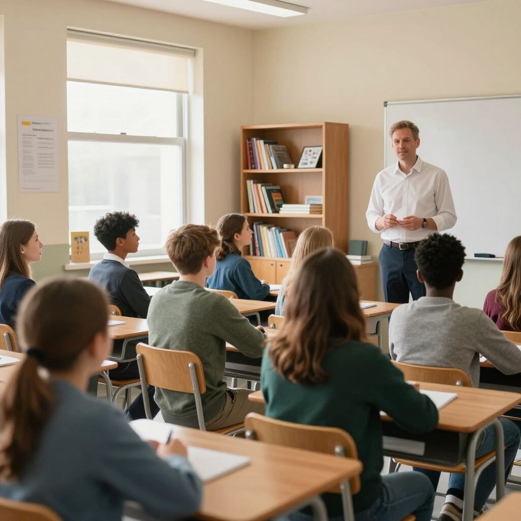 Een docent spreekt met leerlingen in een klaslokaal. De leerlingen zitten aan bureaus, er staan ​​boeken in een boekenkast en het whiteboard is zichtbaar.