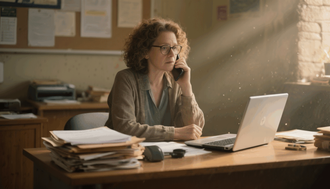 Een vrouw met krullend haar en een bril zit aan een bureau en praat aan de telefoon terwijl zij naar een laptop kijkt