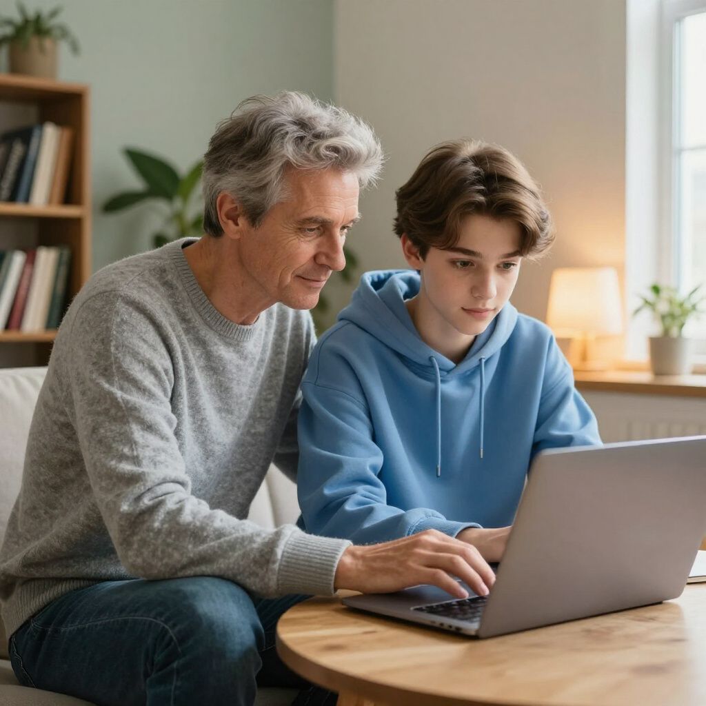 Een volwassene en een tiener kijken samen naar een laptop in de woonkamer.