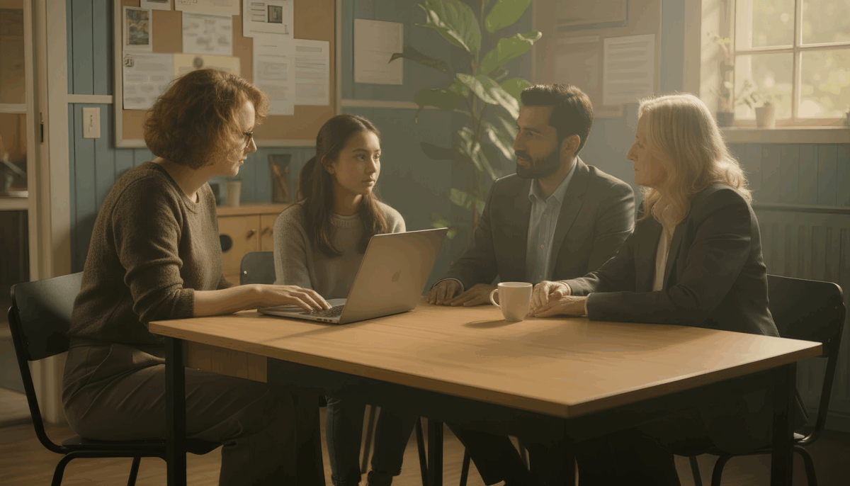 Vier mensen zitten aan een tafel en gebruiken een laptop in een lichte kamer.