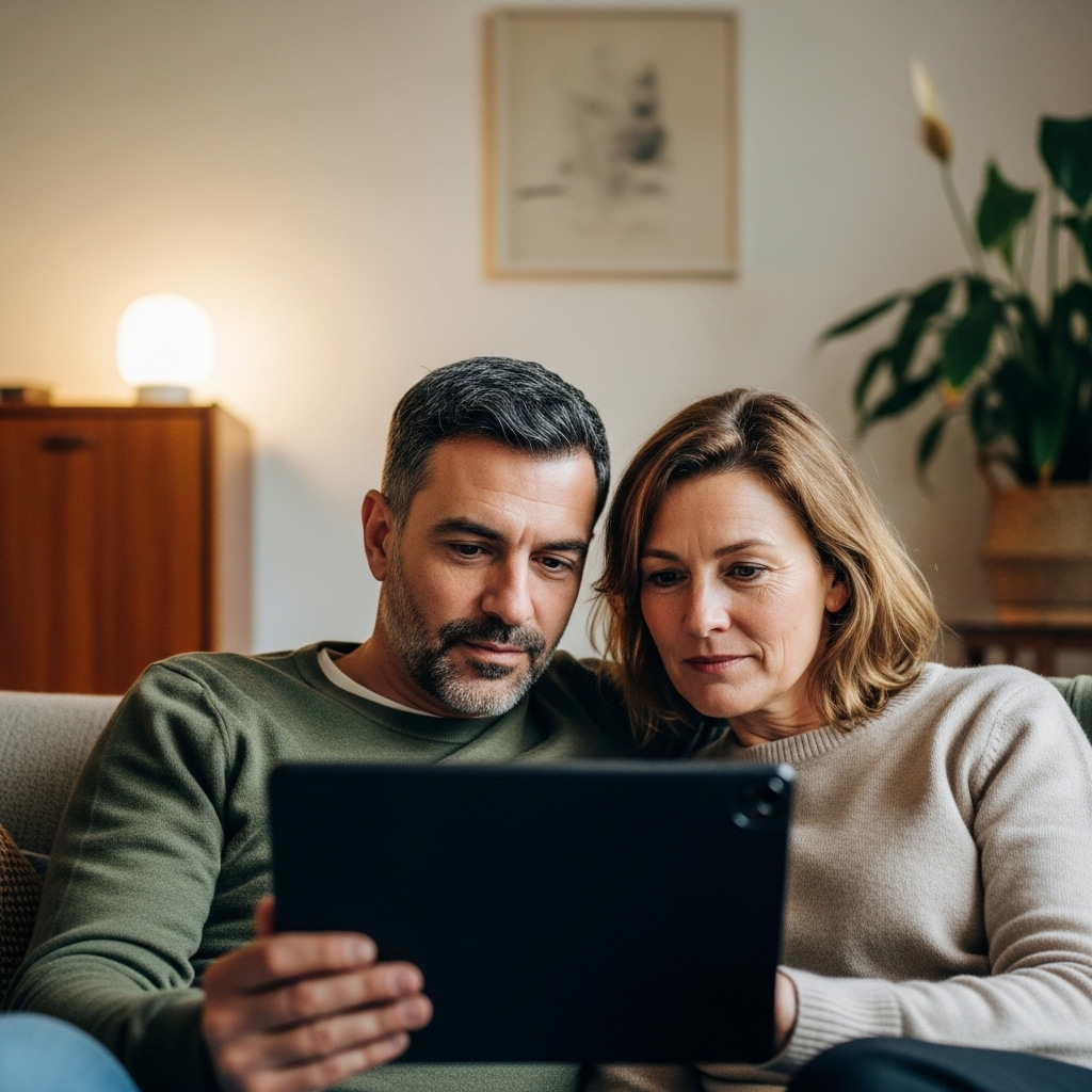 Een man en vrouw zitten samen op een bank en kijken aandachtig naar een tablet die ze tussen zich in houden in een woonkamer.