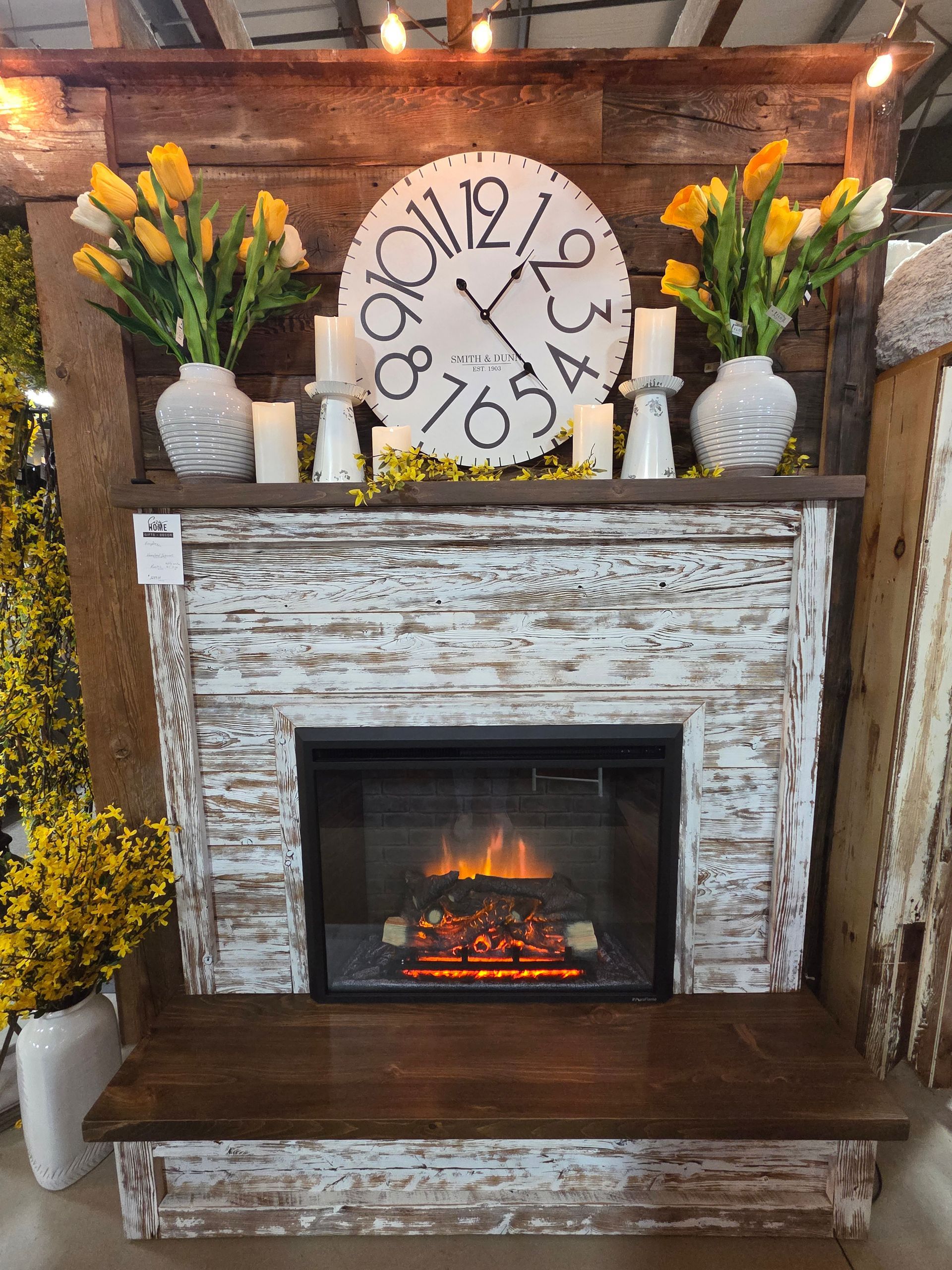 Rustic fireplace decor at a home goods store.