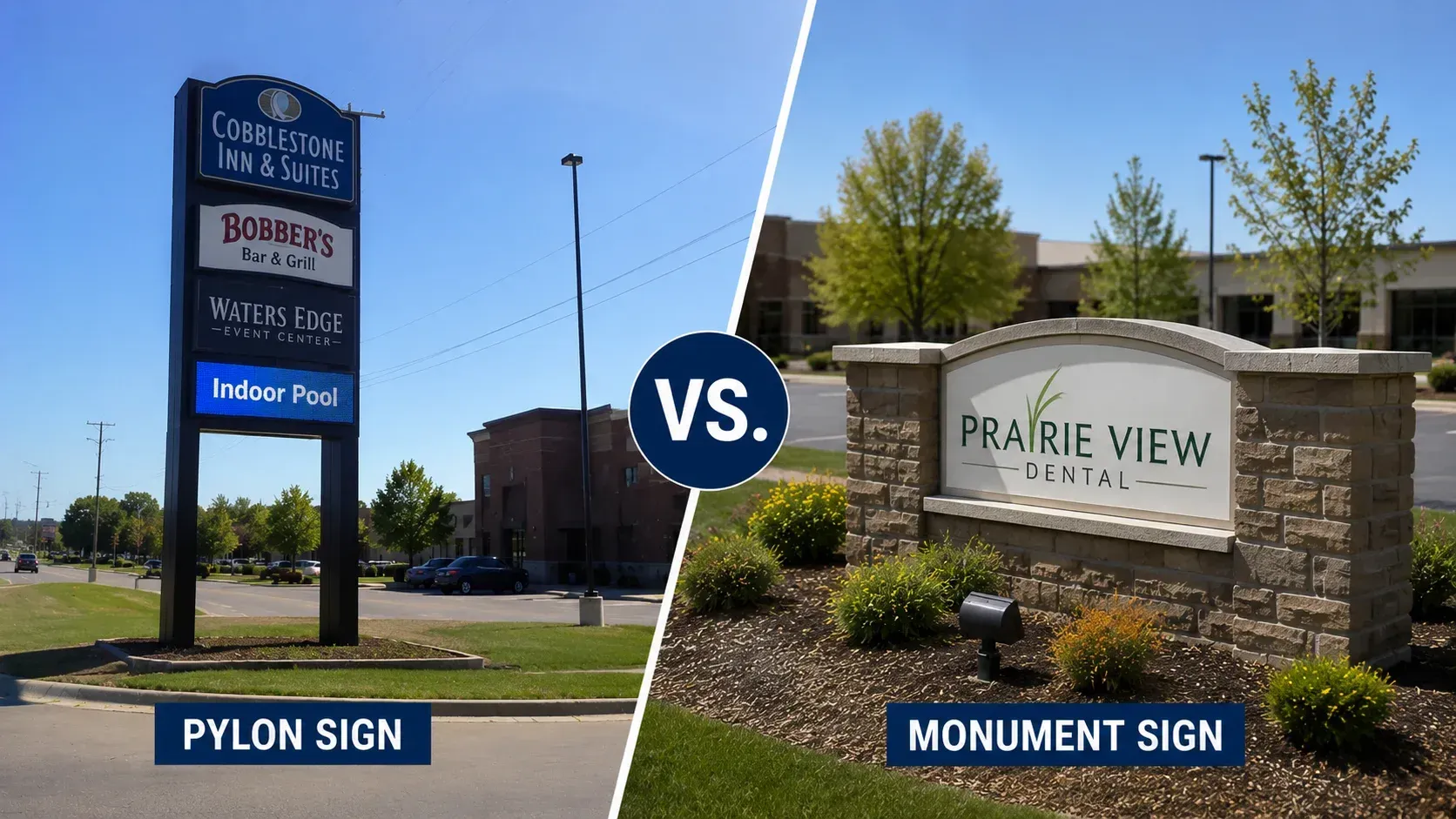 A visual comparison of Pylon vs Monument Signs showing a high-rise pole sign next to a low-profile stone monument sign.