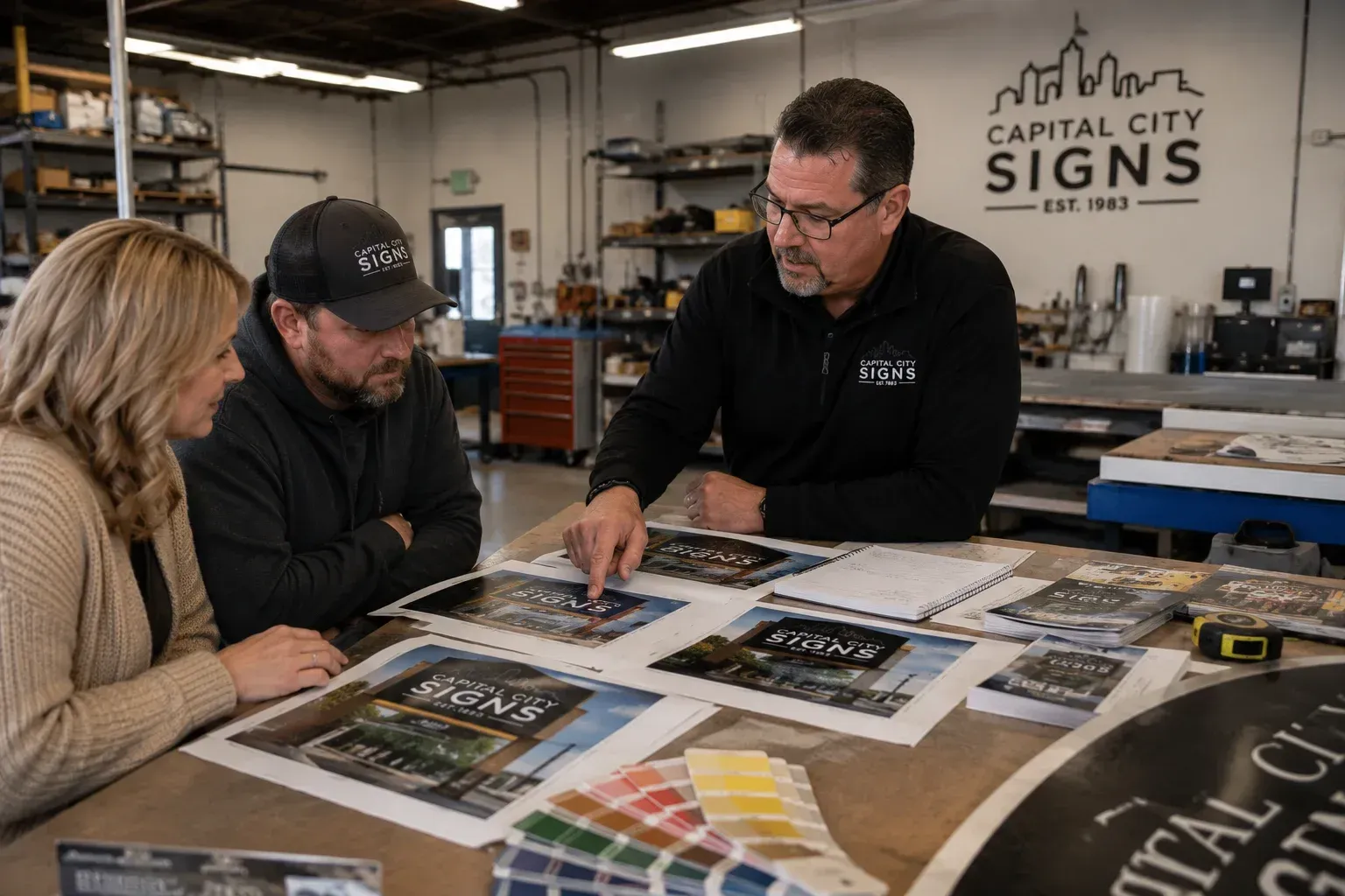 Professionals reviewing custom sign to choose a sign company for your business.