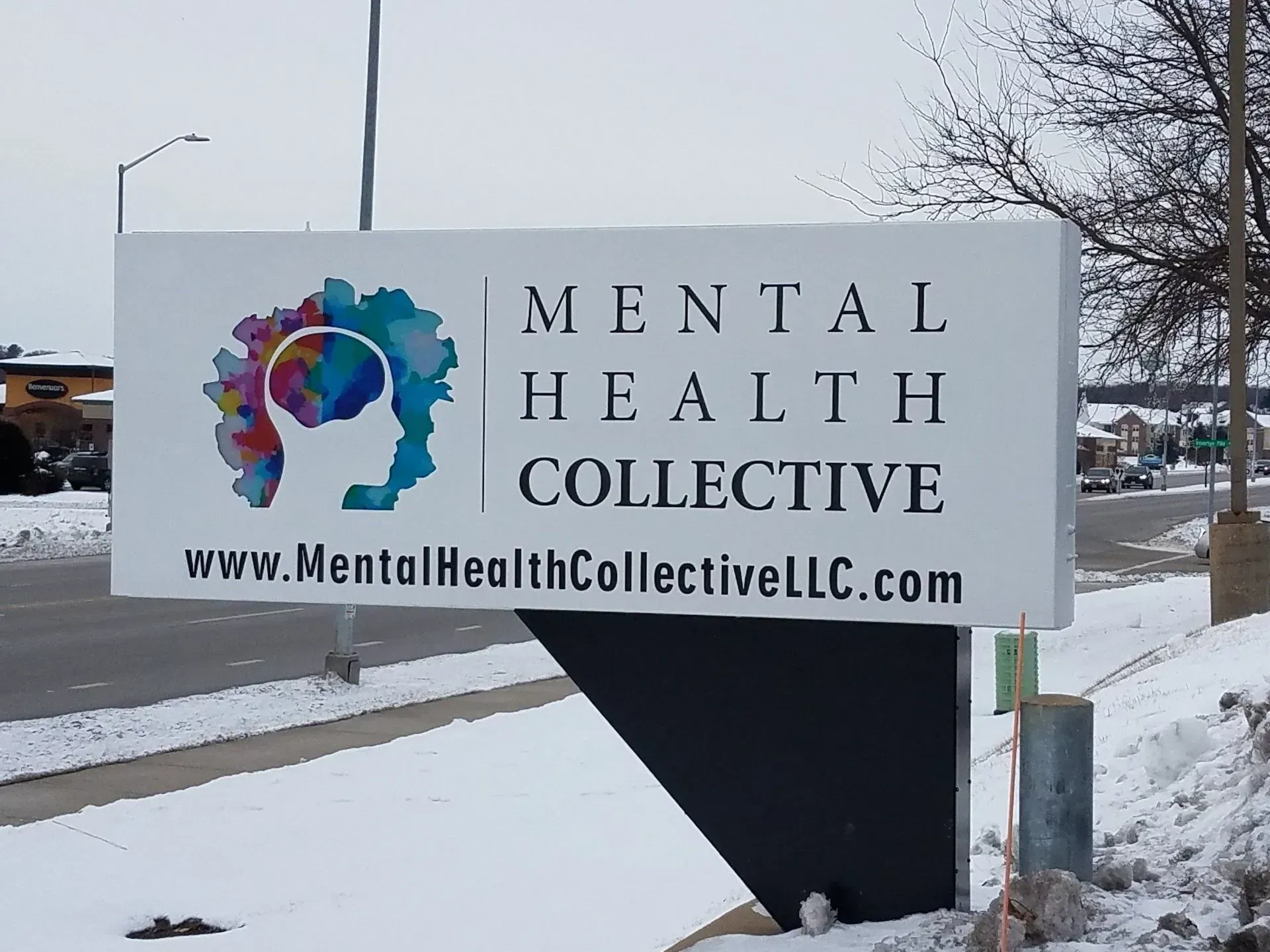 Mental Health Collective sign in snowy roadside setting, with colorful brain logo and website URL