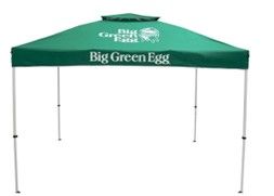 a green canopy tent with a big green egg logo on it .