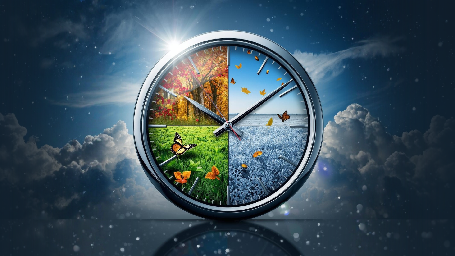 Clock face representing the four seasons: autumn, spring, summer, and winter; set against a starry sky.