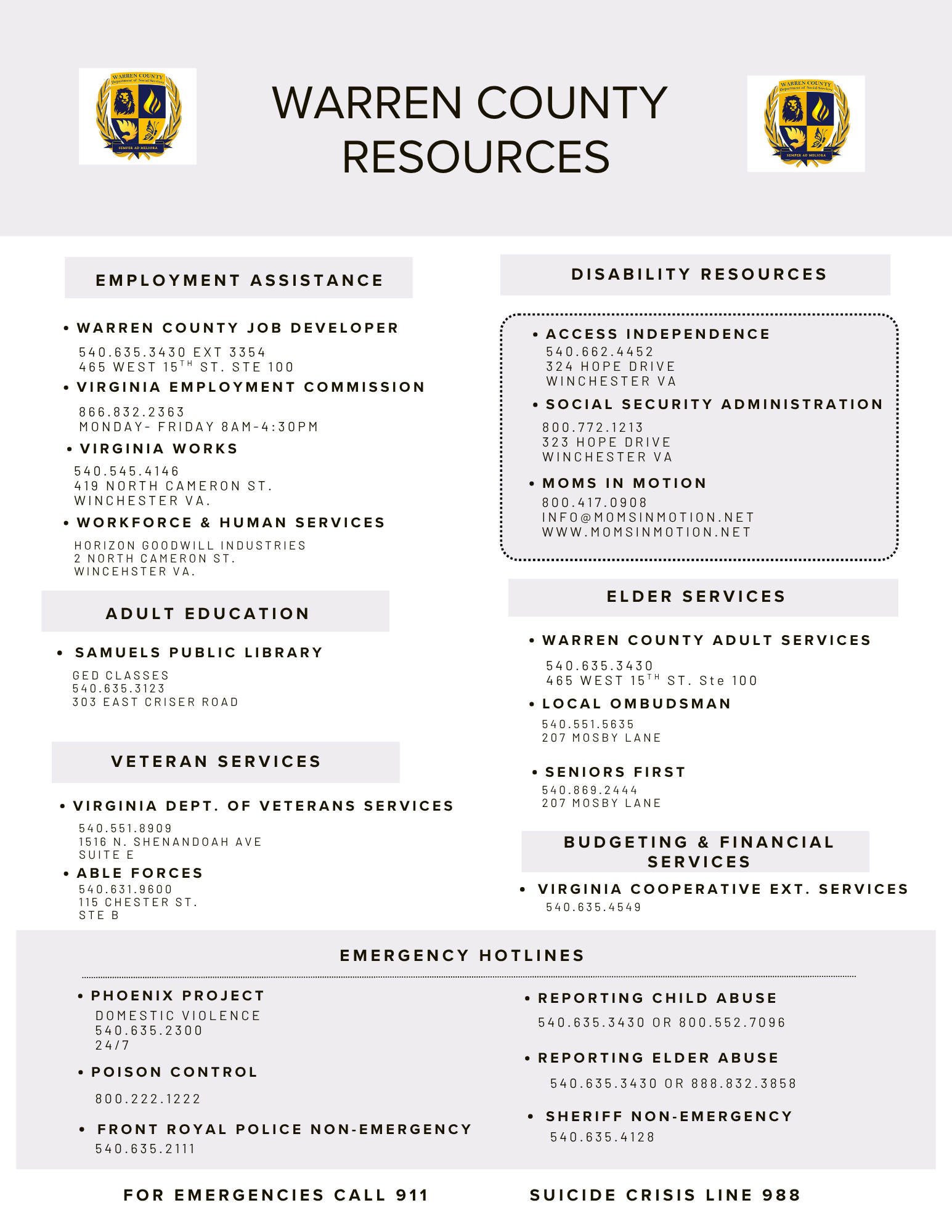 Warren County Virginia Resources for Unhoused and Vulnerable Persons