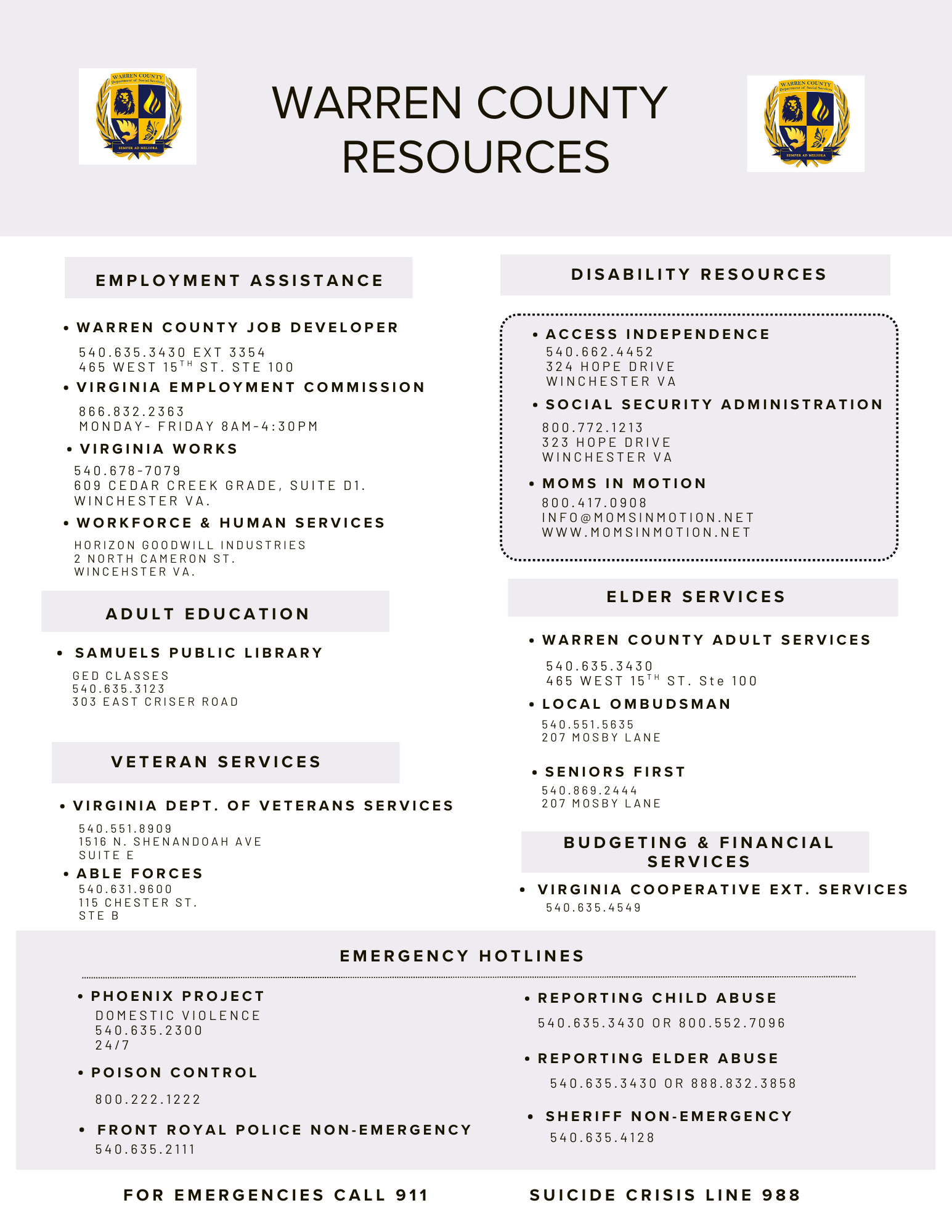 Warren County Virginia Resources for Unhoused and Vulnerable Persons
