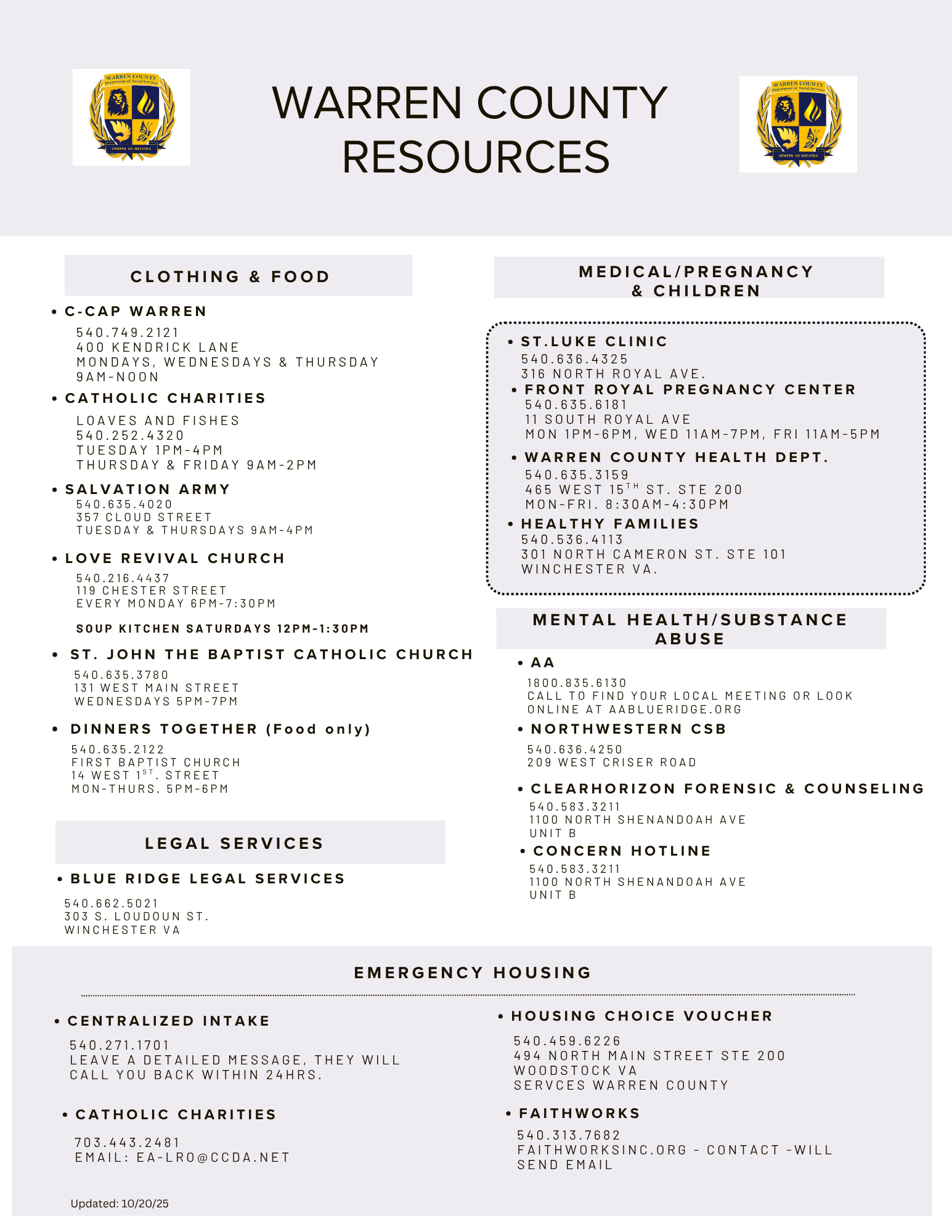 Warren County Virginia Resources for Unhoused and Vulnerable Persons