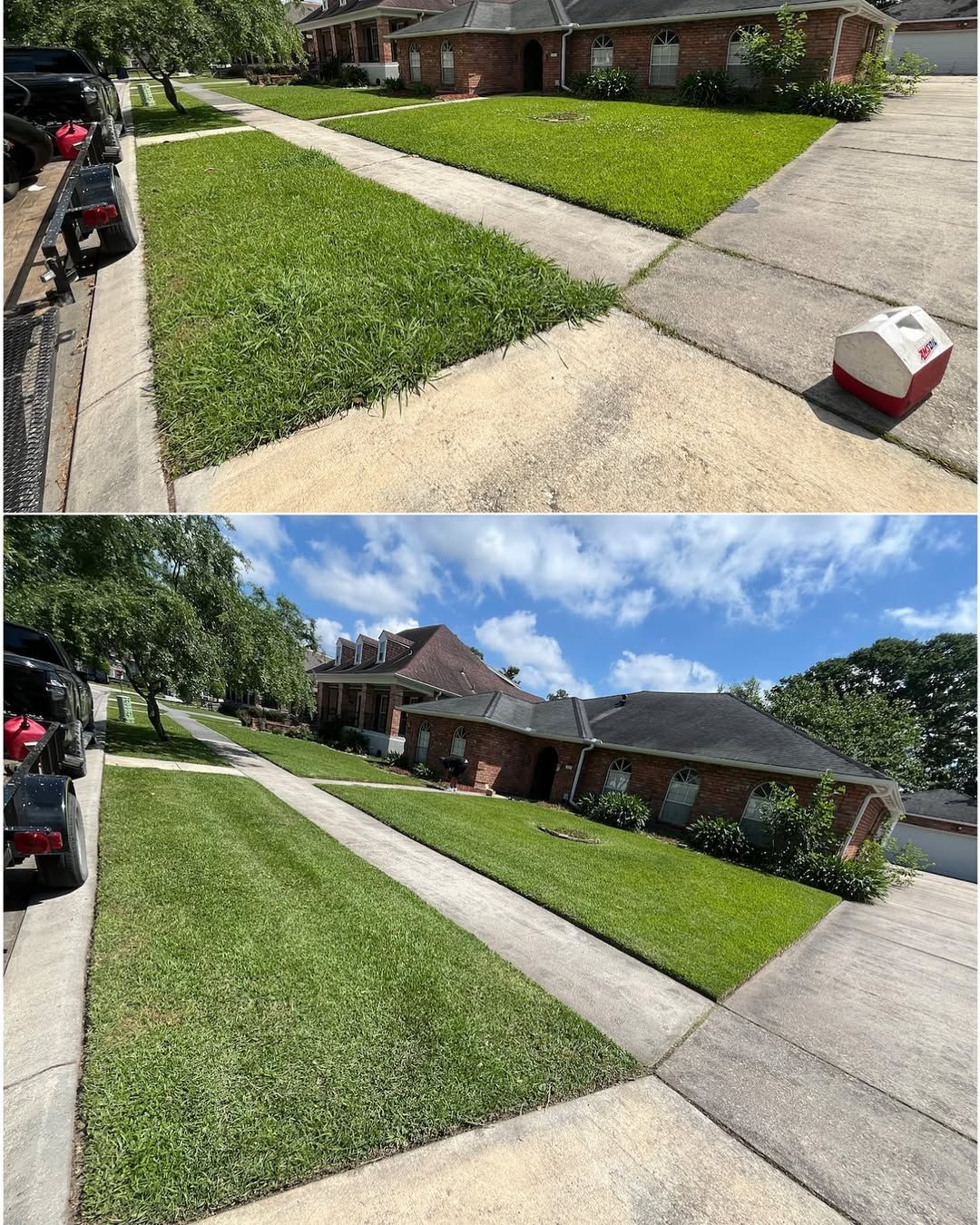 A before and after picture of a lawn with a house in the background.