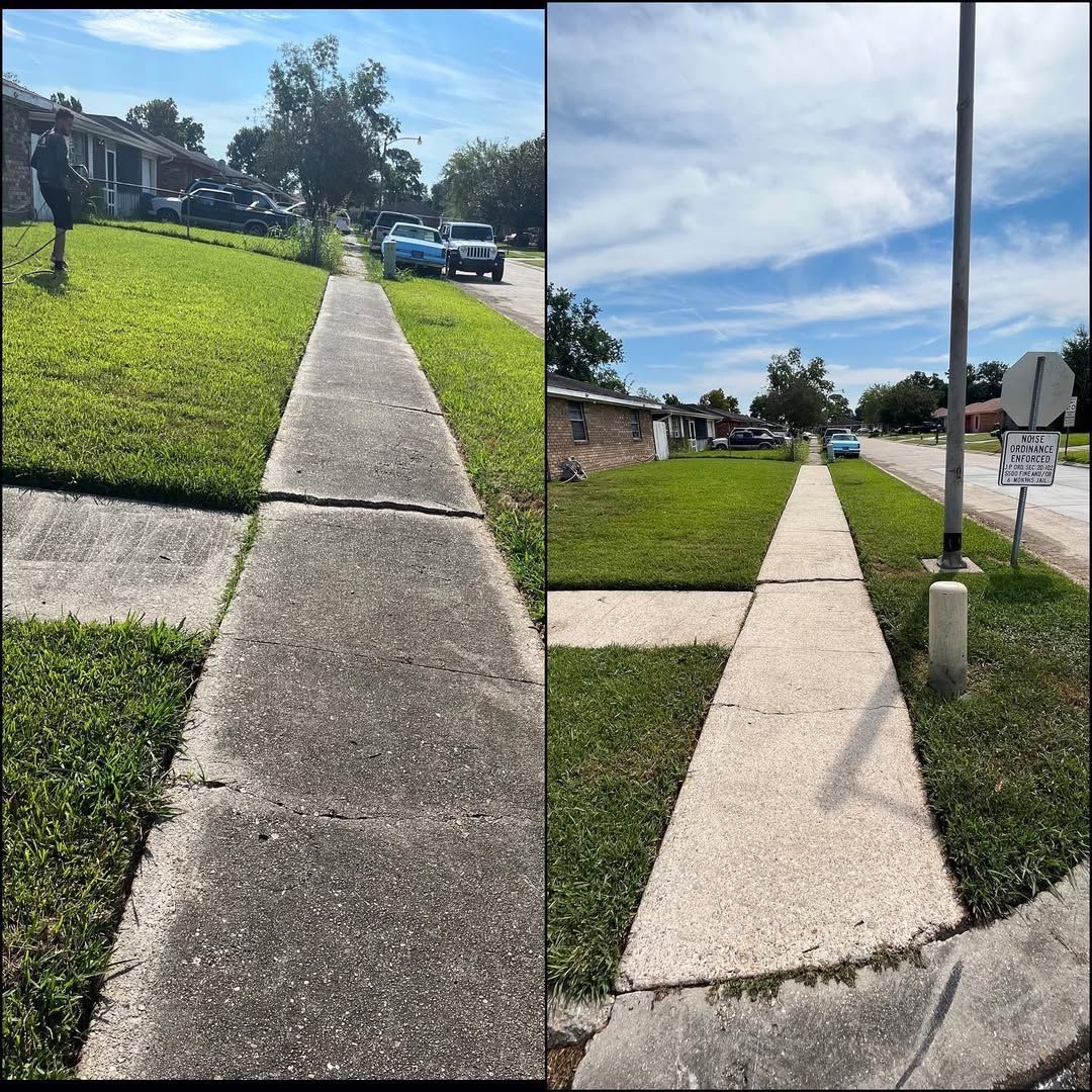 A before and after photo of a sidewalk in a residential neighborhood.