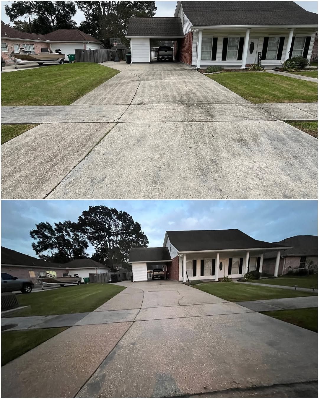 A before and after photo of a driveway leading to a house.