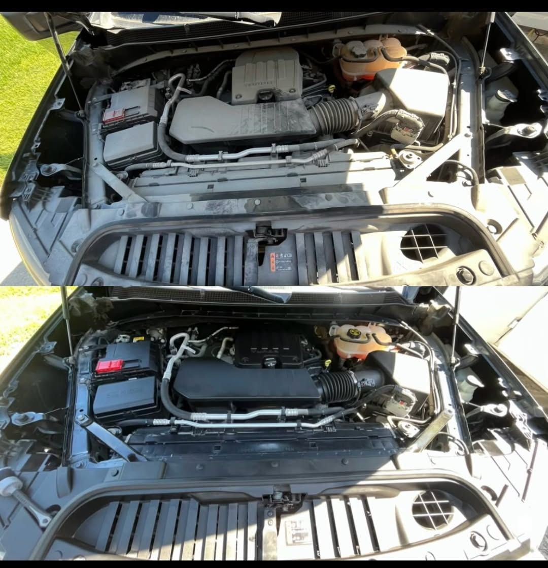 A before and after picture of a car engine