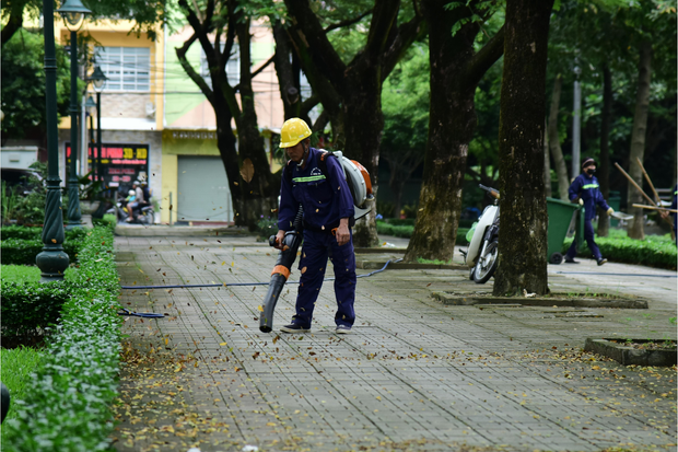 A worker wearing a hard hat uses a leaf blower to clear a walkway in a park.