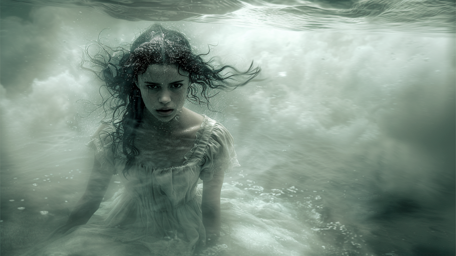 a girl in a white dress is swimming underwater .