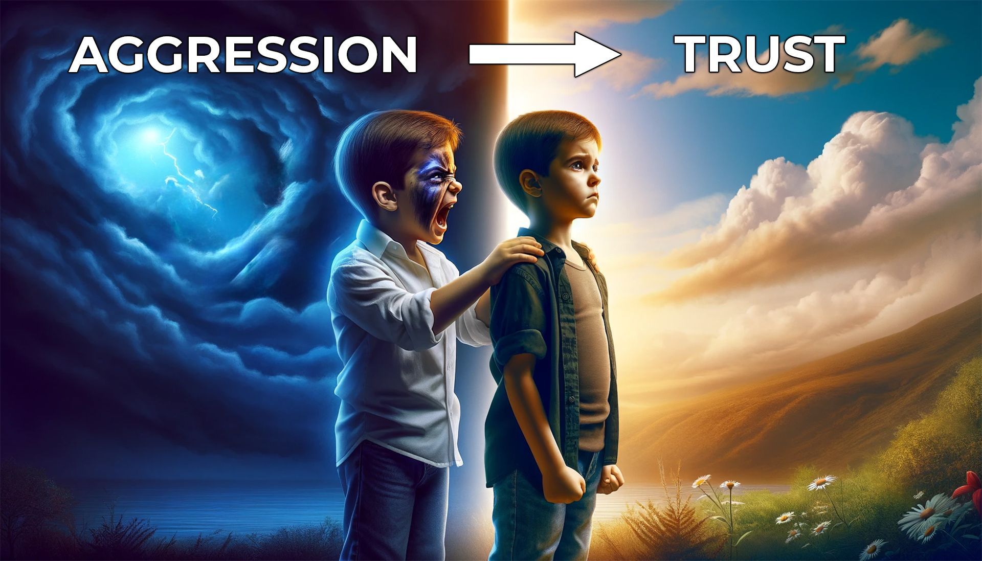 a painting of two children with the words aggression and trust above them