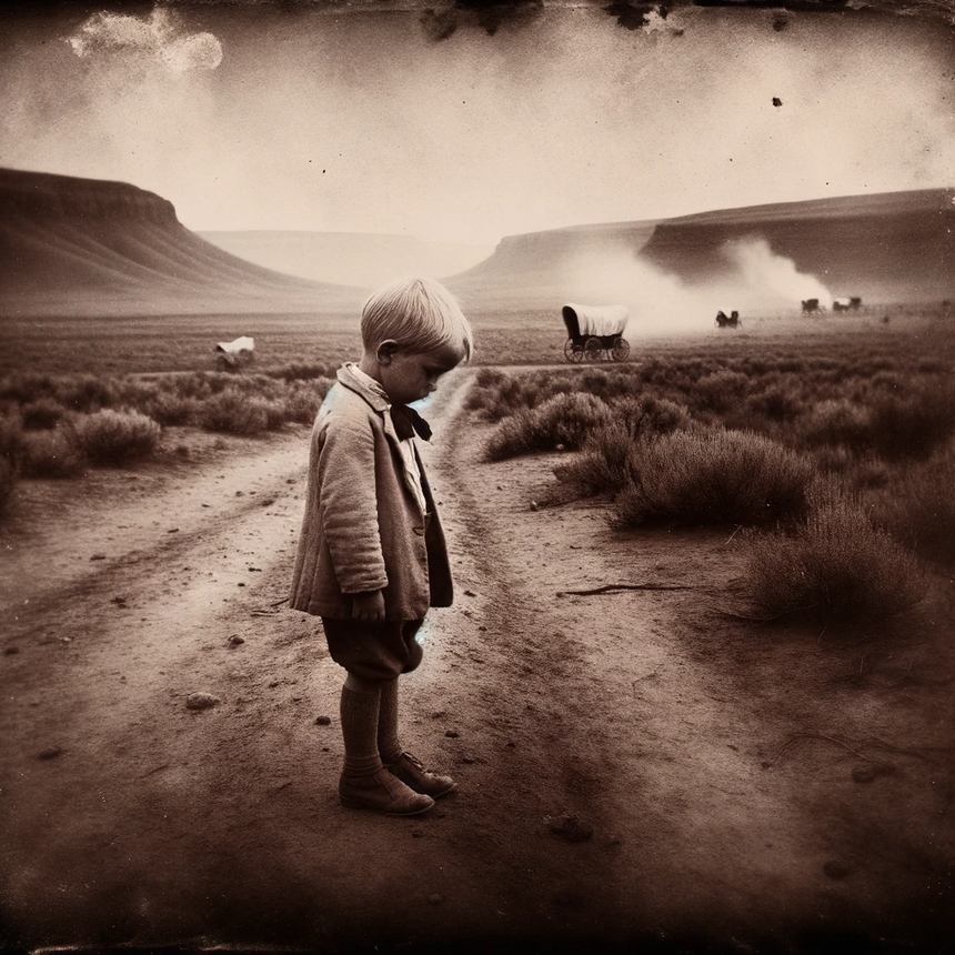 a little boy stands on a dirt road looking down