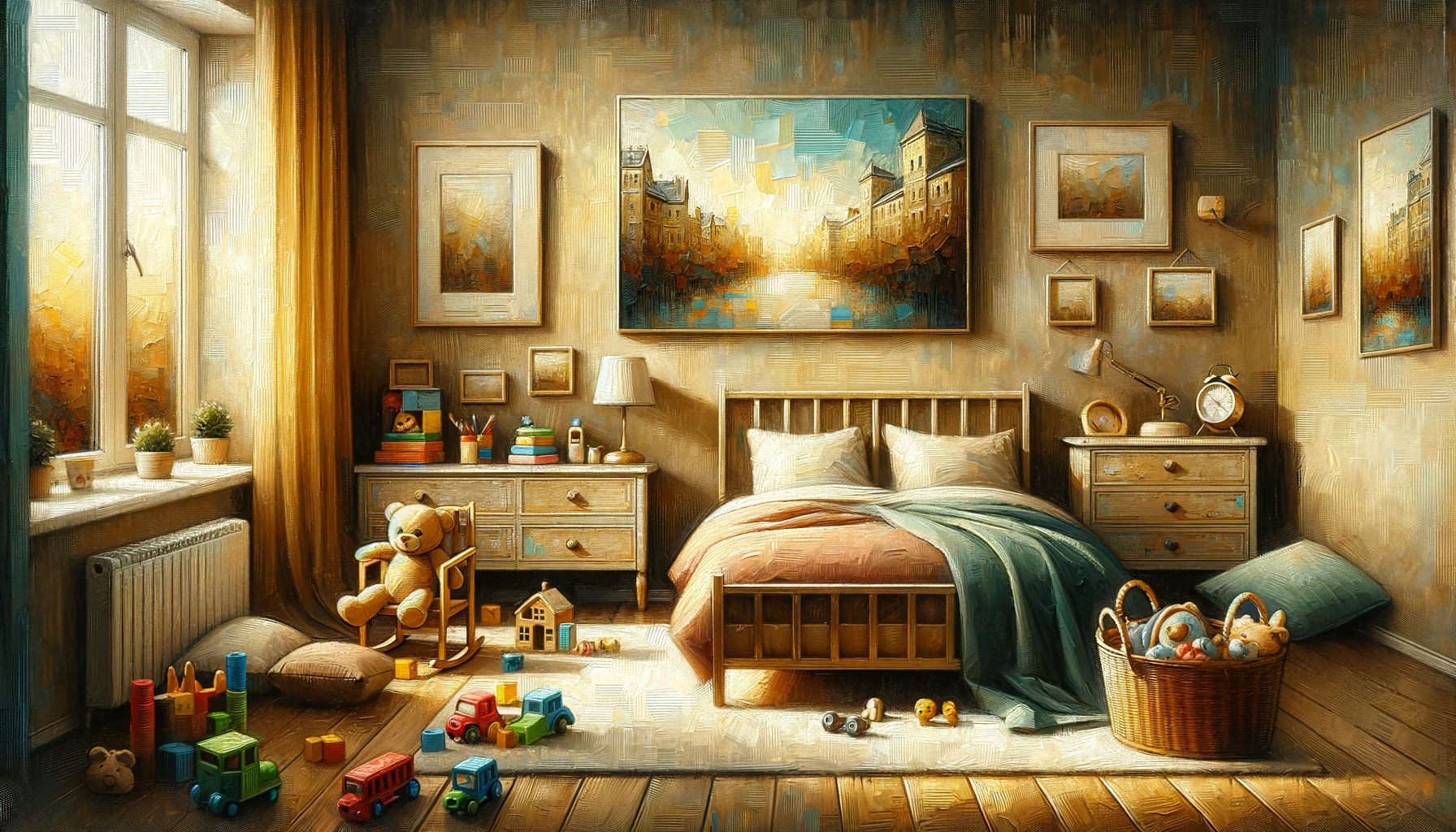 a painting of a child 's bedroom with a teddy bear on the bed